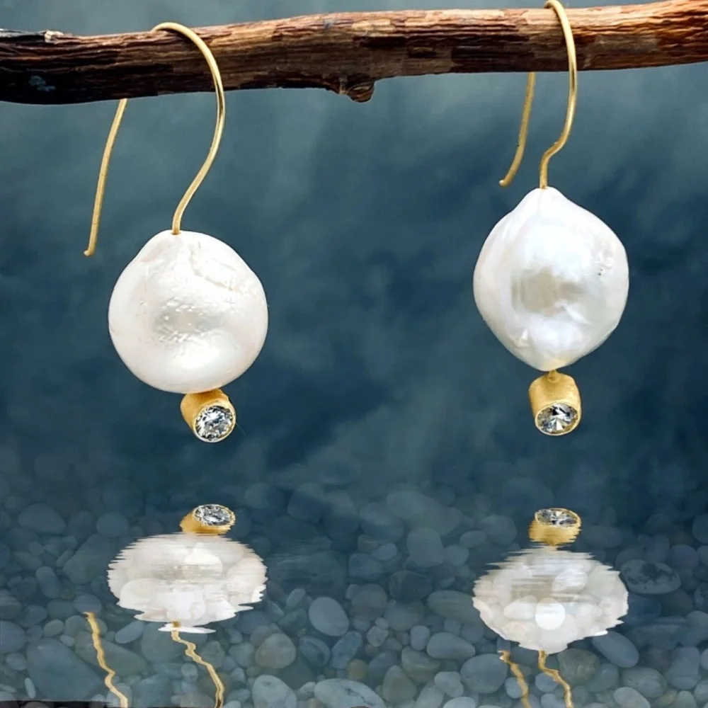 Baroque Pearl Dangle Earrings 24K Gold Plated CZ Handmade Artisan - Picture 8 of 8